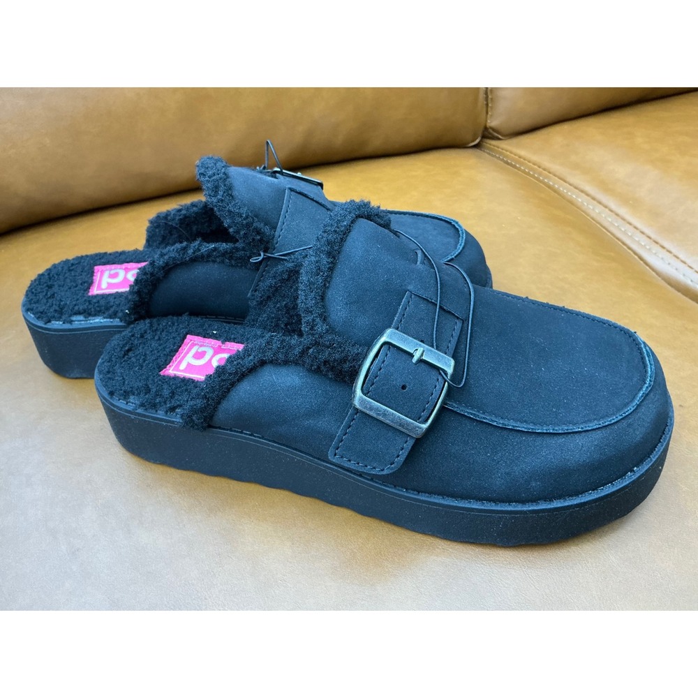 POP Celica Platform Mules Womens 6 Black Faux‎ Fur Suede Buckle Clogs